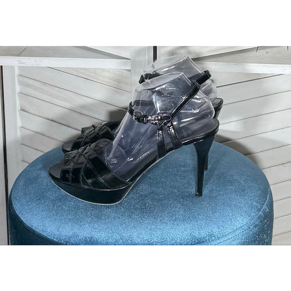 Stuart Weitzman Black Patent Leather Heels straps buckle closure platform Sz 10